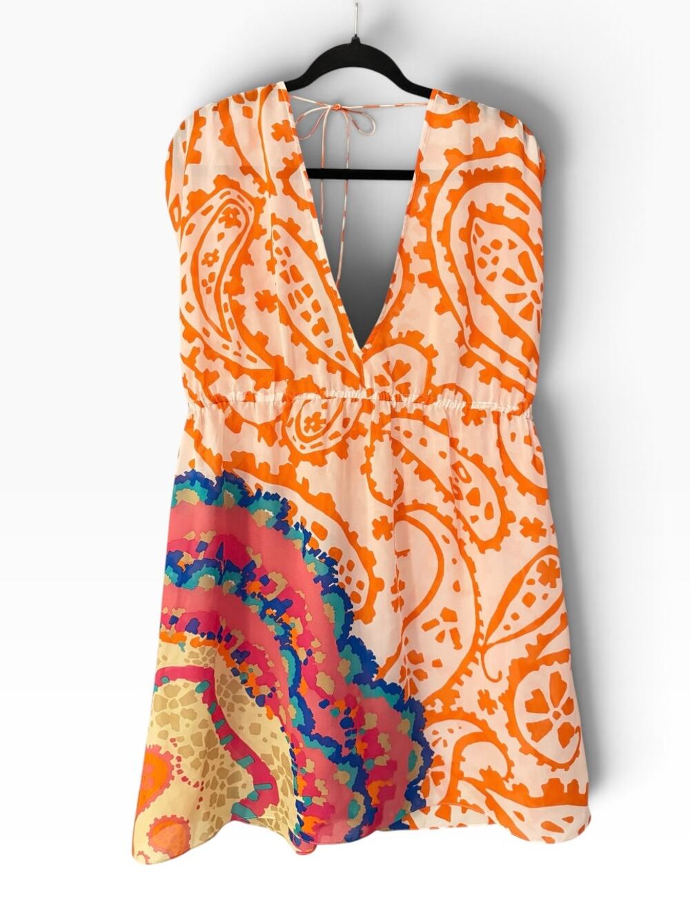 Tibi 100% Silk Paisley Mini Dress Orange Multicolor Open Back Tie Size M
